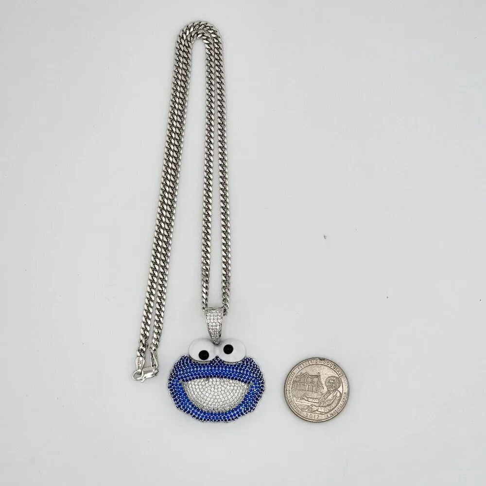 Brand New Sterling Silver 925 Cookie Monster Necklace